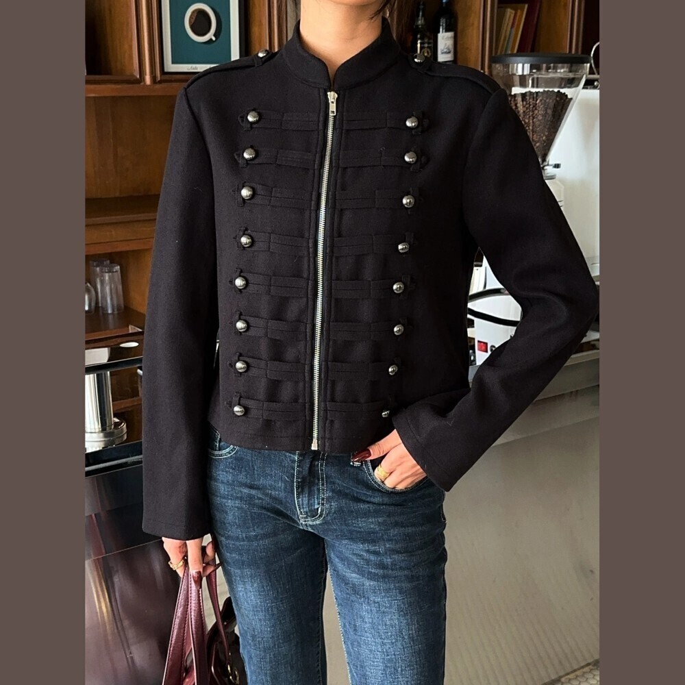 Black Military Band Jacket with Silver Button Trim and Zip Front